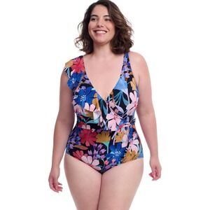 Profile By Gottex Swimsuit Womens 16W Floral One Piece VNeck Asymmetrical Ruffle